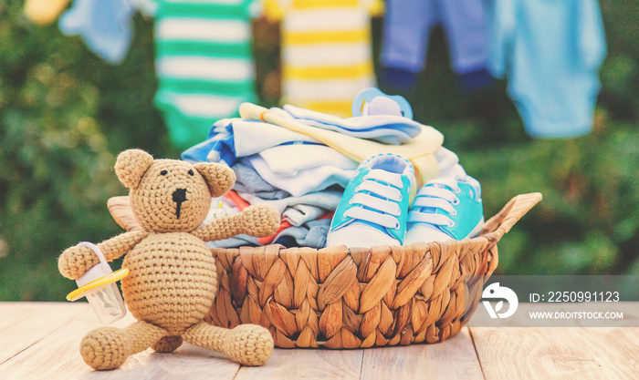 washing baby clothes. Linen dries in the fresh air. Selective focus.