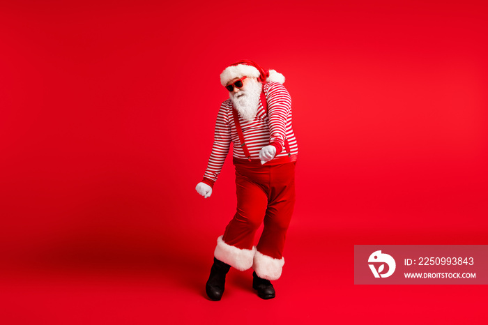 Full length body size view of his he nice handsome attractive thick cheery childish Santa dancing re