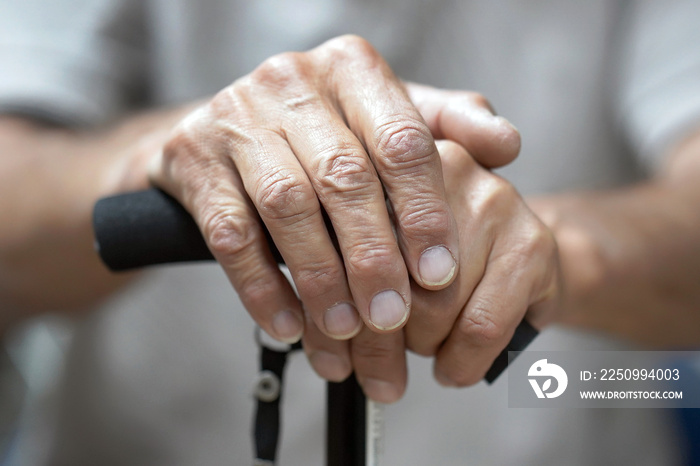 Senior Man Holding Cane. Close-up Of old man Hands On Walking Stick. Hand of a old man holding a can