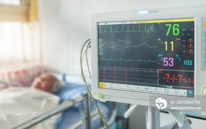 Close up digital device for measuring blood pressure monitor with elderly patient sleep on the bed i