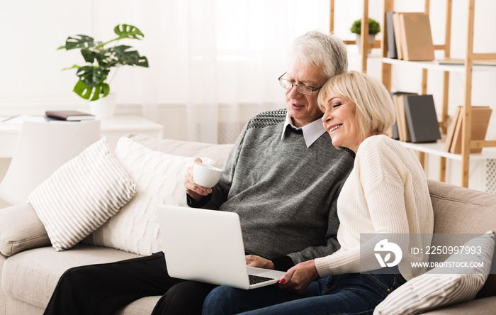 Mature couple browsing internet and drinking coffee