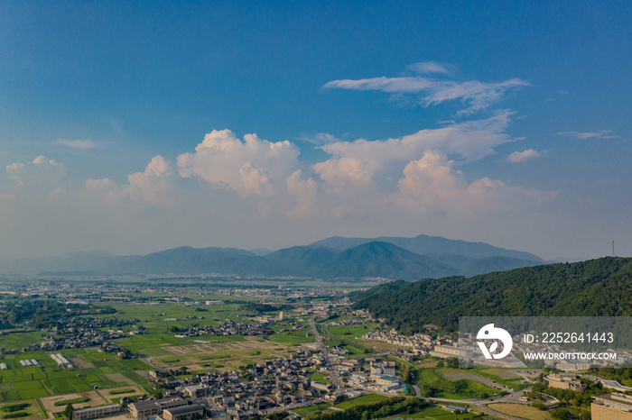 京都　亀岡　田舎　空撮　ドローン　田んぼ　夏　積乱雲　雲　写真素材　