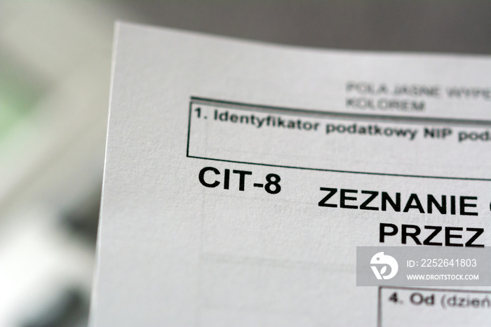 Income polish tax form CIT. Annual financial report on a sheet of paper. Polish accounting and tax regulation