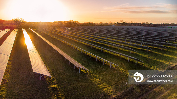 The early morning sun reflects off the panels of a solar farm in Suffolk, UK