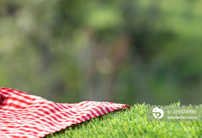 Red checkered napkin on the green grass. Background for design - Text space