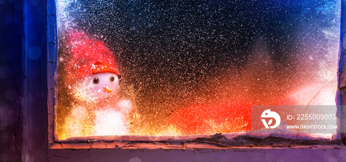 sad snowman looking through window. Window still background with ice and snow for your decoration an