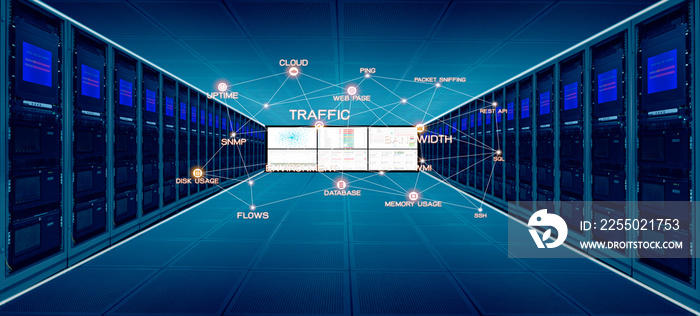 数据中心机房的数据中心管理理念，带服务器机架和显示器，连接