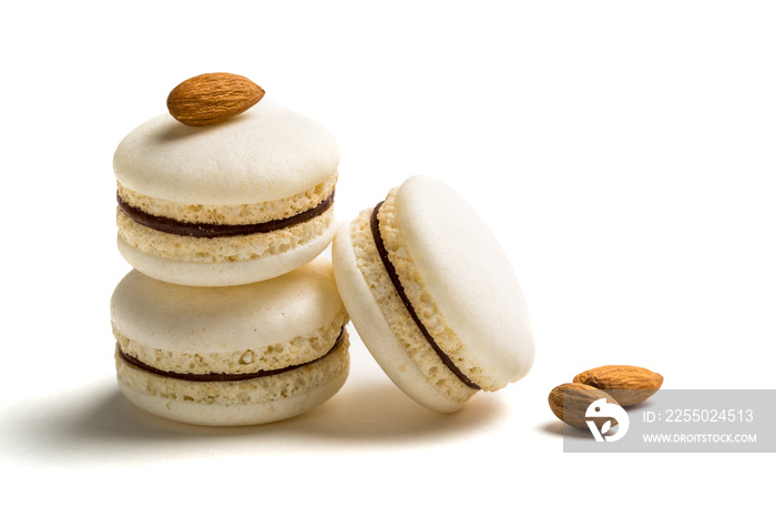 Small macaroons with almond on white background