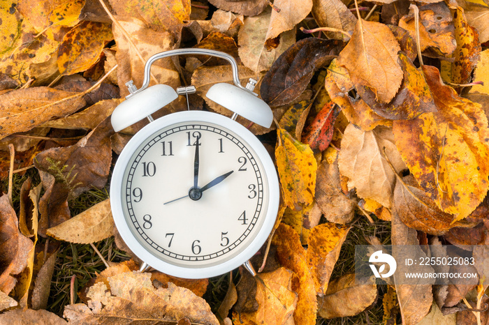 Wecker Uhr im Laubhaufen,  Sommerzeit - Winterzeit umstellen