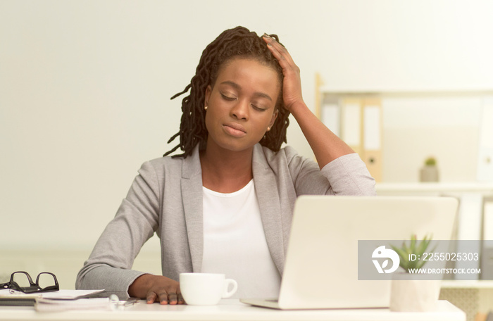 Black Office Lady Having Headache Sitting At Workplace