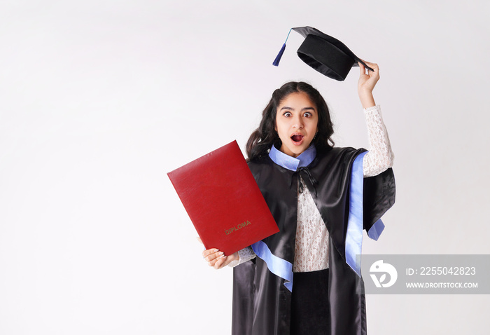 Beautiful woman university graduate wearing academic regalia with red diploma mockup isolated on whi