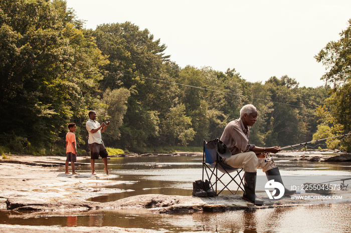 Multigenerational family fishing in river