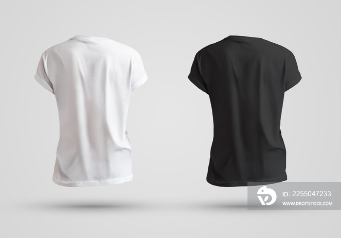Visualization of a blank male t-shirt in white and black on the background, back view template.
