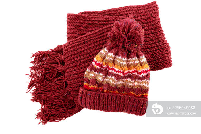 Chunky red knitted winter bobble hat scarf isolated white background