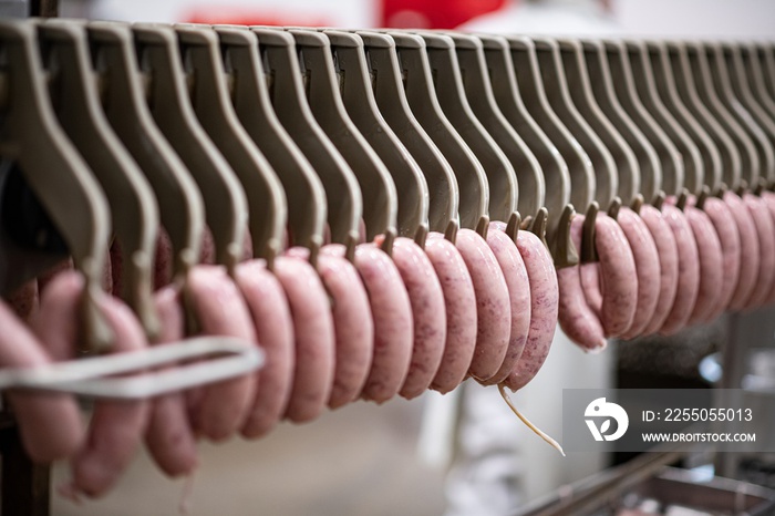 Production hall for sausages and meat products in a modern meat factory. Meat industry.