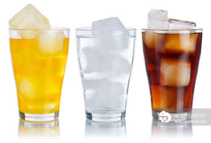 Drinks lemonade cola drink softdrinks glass in a row isolated on white