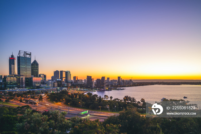 skyline of perth cbd at dawn in western australia, australia