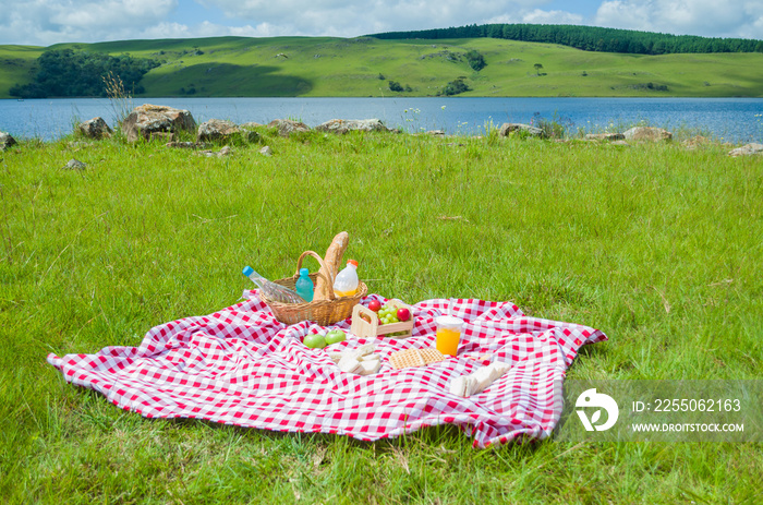 Great concept of pic-nic, pic-nic with fruits and juice on green lawn with beautiful view