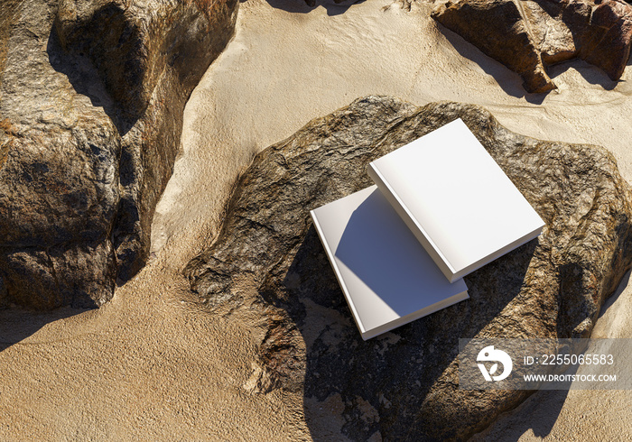 Blank book model placed on rocks in the sand, notebook mockup, mockup on nature background 02