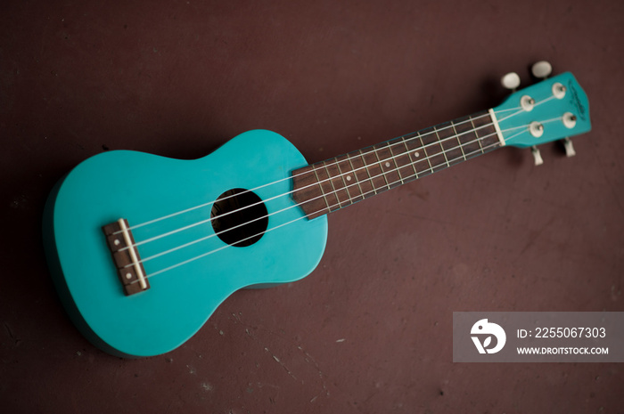 Close up of ukulele and book on old wooden background , vintage tone