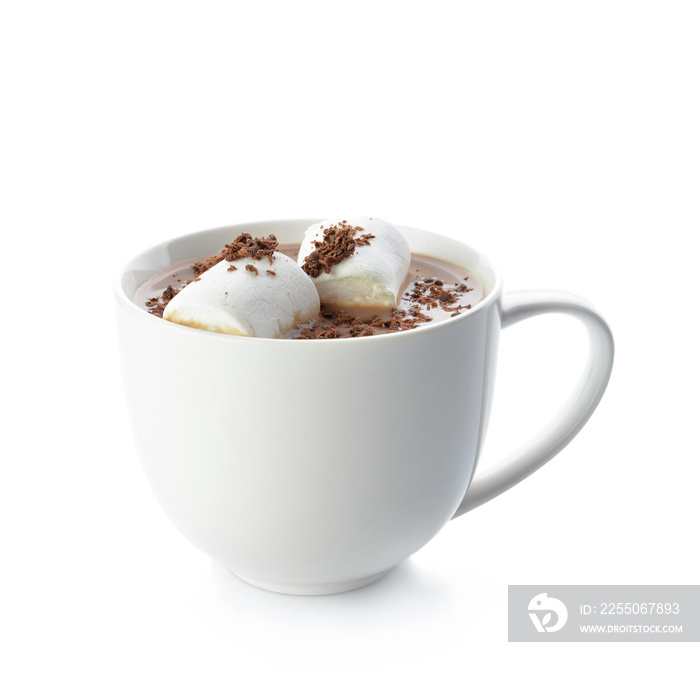 Cup of hot cocoa drink with marshmallows isolated on white