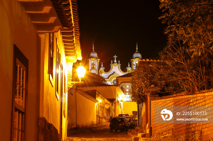 Tiradentes, Minas Gerais, night view of the street and church of santo antonio