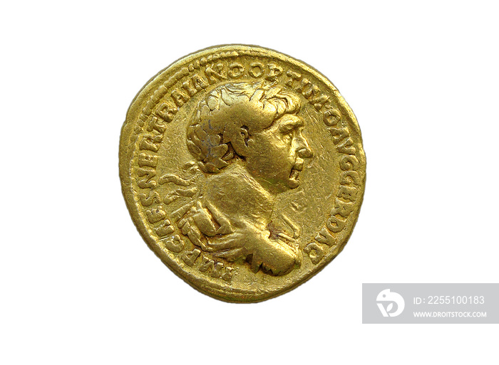 Gold Roman aureus coin of Roman emperor Trajan AD 98-117 isolated on a white background