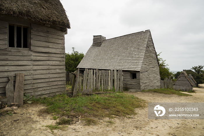 Old buildings in Plimoth plantation at Plymouth, MA