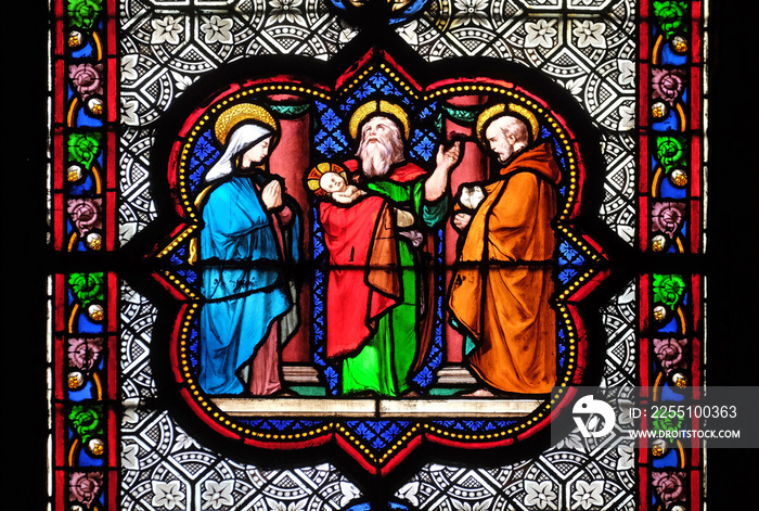 Presentation in the Temple, stained glass window in the Basilica of Saint Clotilde in Paris, France