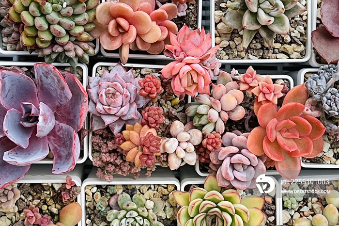 Rare colorful succulent plants top view background