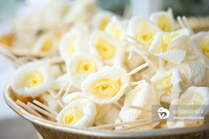 Sandalwood flower in gold tray used in Thai traditional funeral