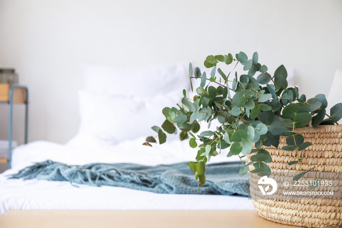 Basket with green eucalyptus branches on bench in bedroom