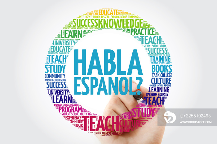 Habla Espanol? (Speak Spanish?) word cloud with marker, education business concept