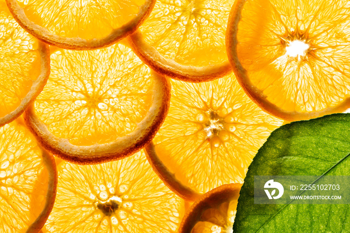 orange slices in the macro detail on white background