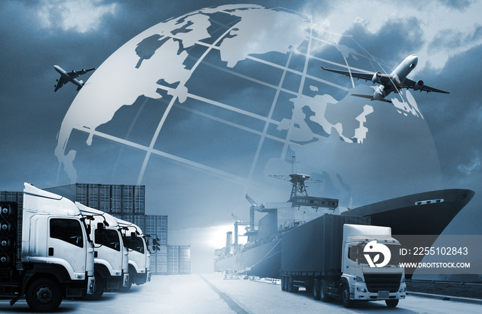 Abstract image of the world logistics, there are world map background and container truck, ship in port and airplane