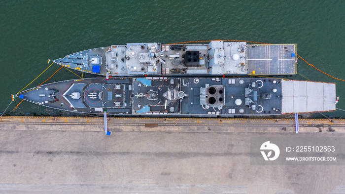 Military navy ship in the port, Aerial view warship.