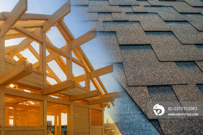 Types of roofing materials. Frame of a wooden house and soft roof tiles. Construction of a country house. Work on the construction of the roof of the building.