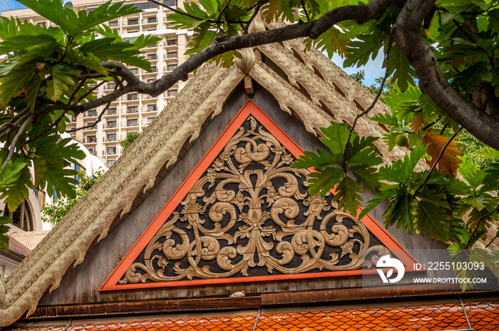 Detail of asian influenced architecture at the Hilton Hawaiian Village, Waikiki.