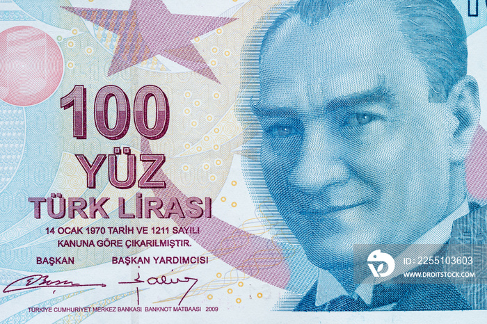 Turkish money 100 TL banknote (Mustafa Kemal ATATÜRK) Macro detail shot