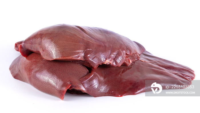 Close up Raw pork liver isolated on white background