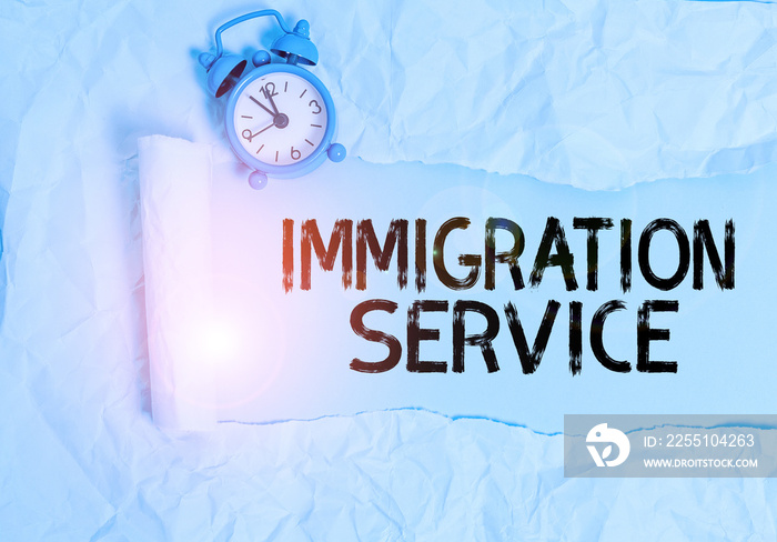 Handwriting text writing Immigration Service. Conceptual photo responsible for law regarding immigrants and immigration Alarm clock and torn cardboard placed above plain pastel table backdrop