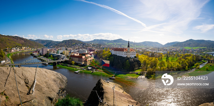 Panorama of Decin city with river Elbe river (Labe), Czech republic