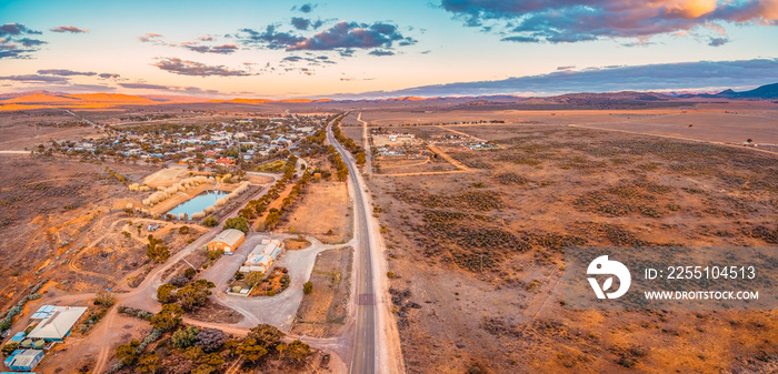 Aerial panorama of Hawker at sunset - small town in South Australia near Flinders Ranges
