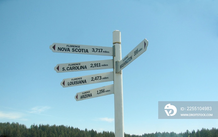 Distances to other towns named Florence signs in city of Florence, Oregon, USA