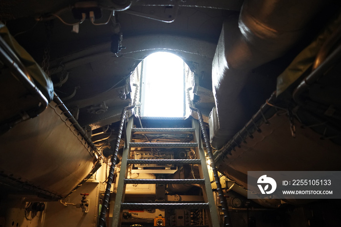 Inside military war submarine warship