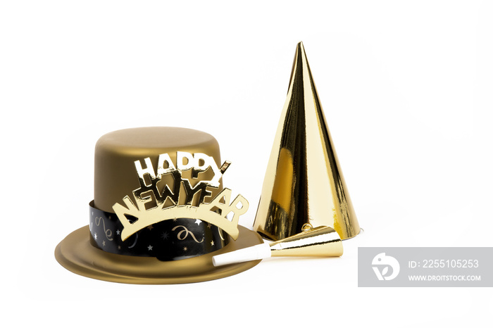 gold new years eve party hats isolated on a white background