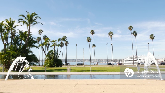 Fountain in waterfront city park near San Diego county civic center in downtown, California government authority, USA. Pacific ocean harbour, embarcadero in Gaslamp Quarter. Palms and grass near pier