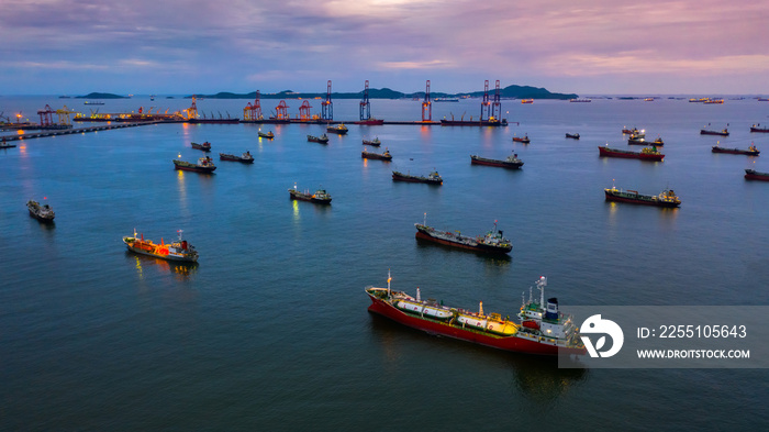 Oil tanker ship and LPG tanker ship, Aerial view tanker ship, oil and gas chemical tanker in open sea, Refinery Industry cargo ship.