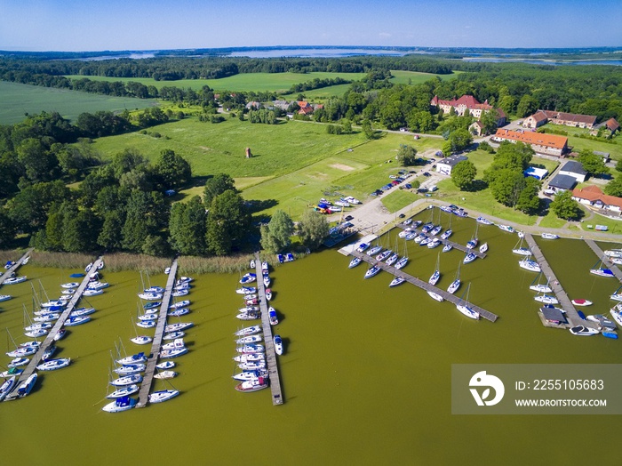 Aerial view of yachts moored in marina in Sztynort, Poland (former Steinort, East Prussia)