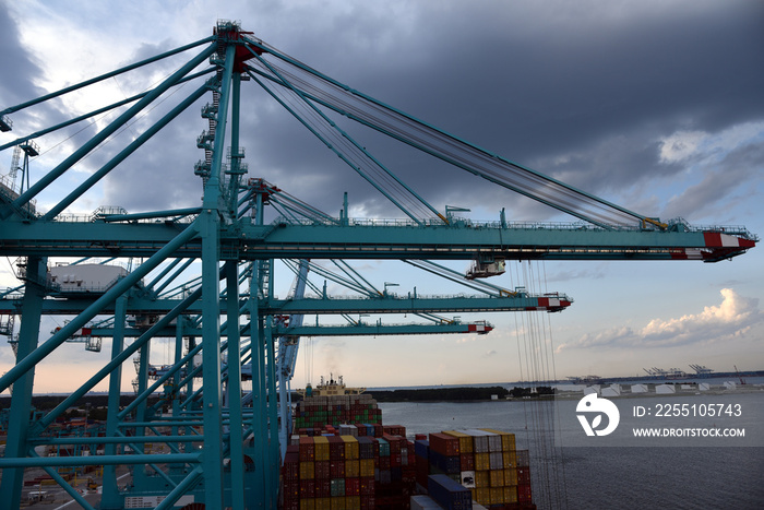 Gantry cranes in the sea port during cargo operations, Norfolk - Virginia.